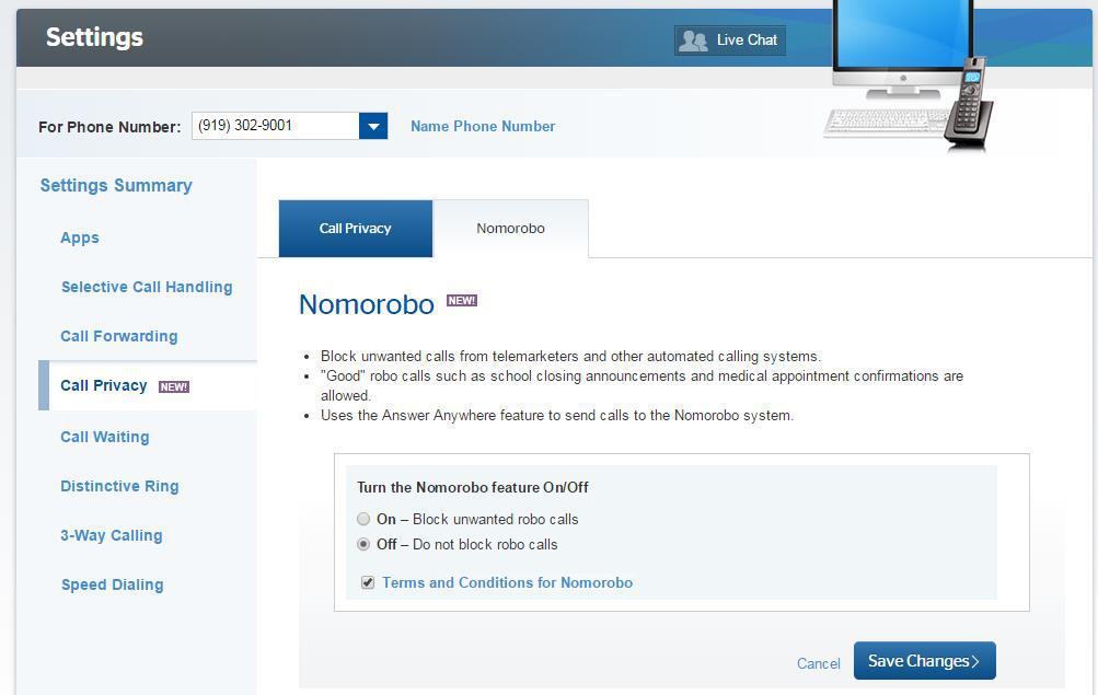 TWC has updated its VoiceZone site to include the option of turning Nomorobo on or off with a click.