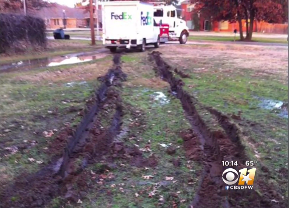 Stuck-In-The-Mud FedEx Truck Ruins Front Yard, Company Shrugs