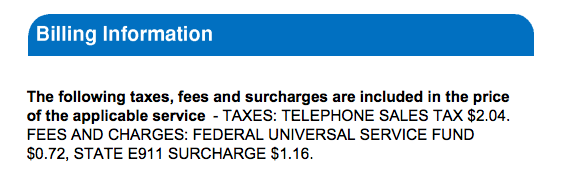 A description of which taxes, fees, and surcharges were included on one consumer's bill.