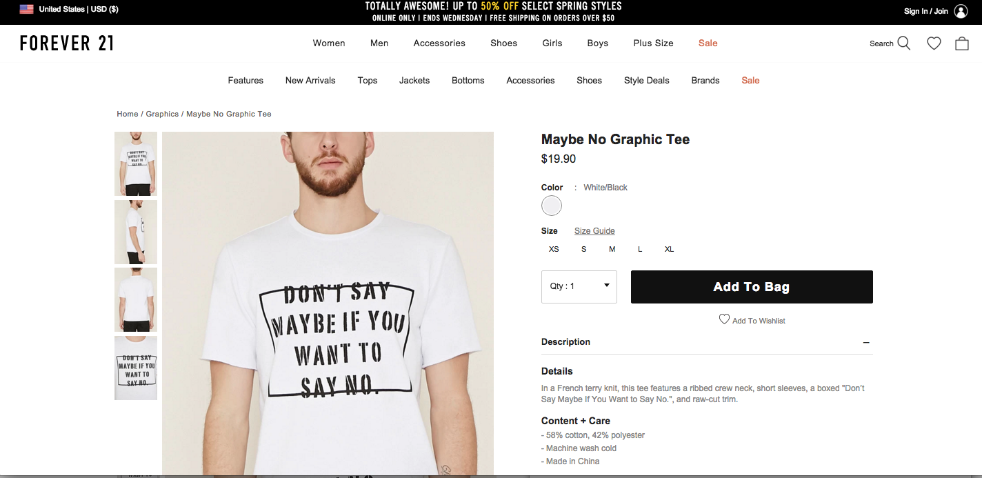 Forever 21 Customers Saying “No” To Men’s “Don’t Say Maybe If You Want To Say No” Shirt