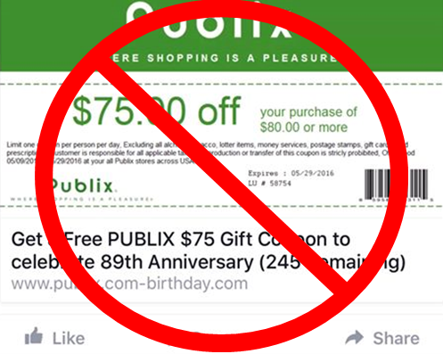 Publix Coupon Scam Rears Its Ugly Head Yet Again: “$75 Off $80 Purchase” Deal Is Fake