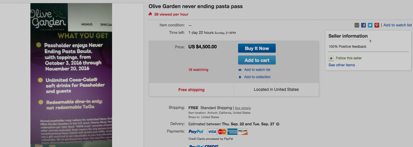 Olive Garden Unlimited Pasta Passes Hit eBay With Prices Up To $4,500 Because Of Course