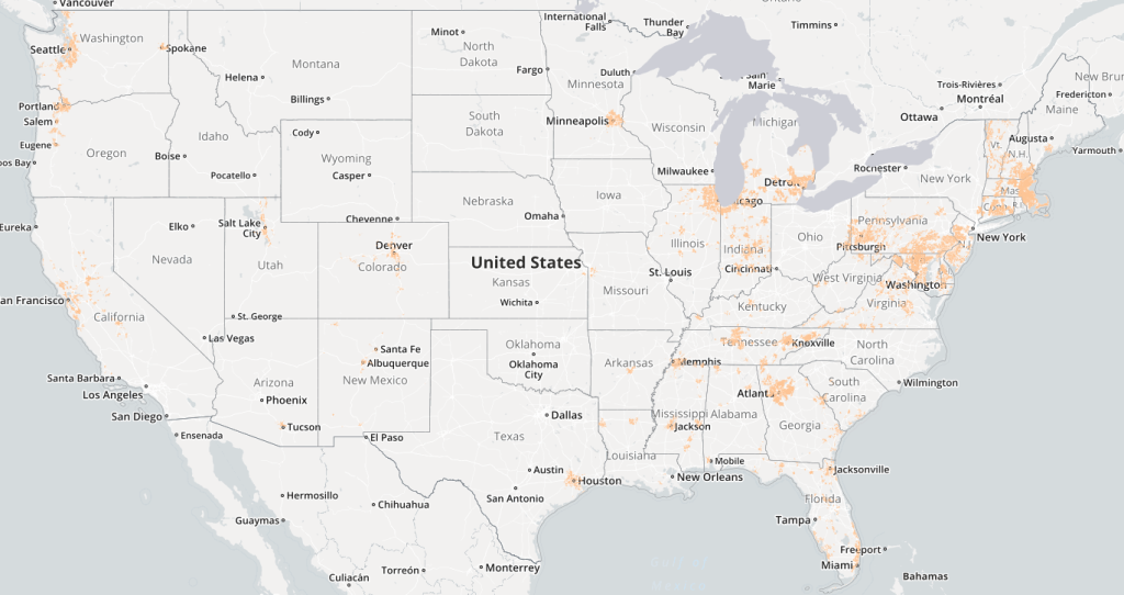 Comcast's internet footprint, from the National Broadband Map.