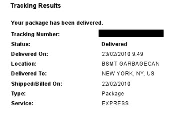 UPS Successfully Delivers Your Package To "BSMT GARBAGECAN"