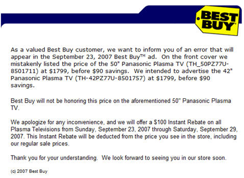 Best Buy Emails To Let You Know They Won't Be Honoring A Mistake In Their Ad