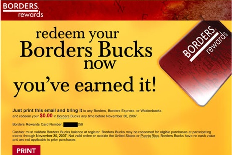 Congratulations, You've Earned $0.00 Borders Bucks!