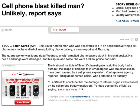 Verizon Ad Appears Next To Story About Death By Exploding Cellphone