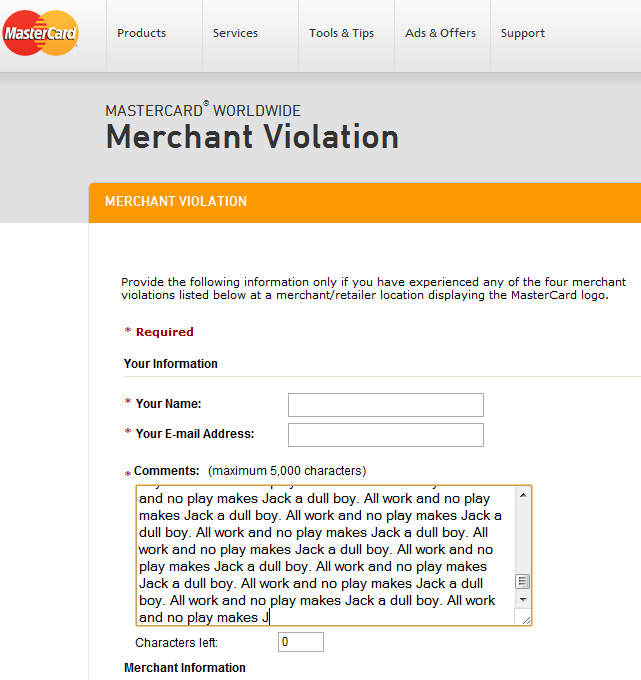 MasterCard Fixes Merchant Violation Form