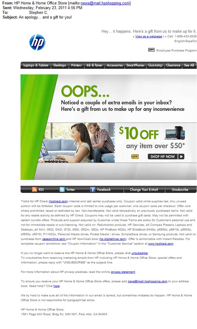 Via Email, HP Apologizes For Sending Too Many Emails