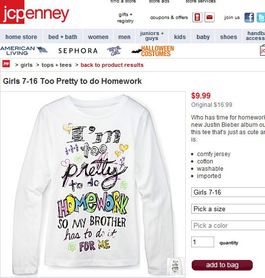 JCPenney Sweatshirt Says "I'm Too Pretty To Do Homework"