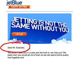JetBlue Addresses Your Email To "Dear Mr. Soandso"