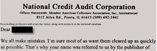 "National Credit Audit Corporation" Tries To Collect Bogus Debt
