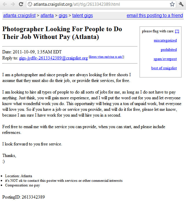 Photographer Looking For People To Do Their Jobs For Free