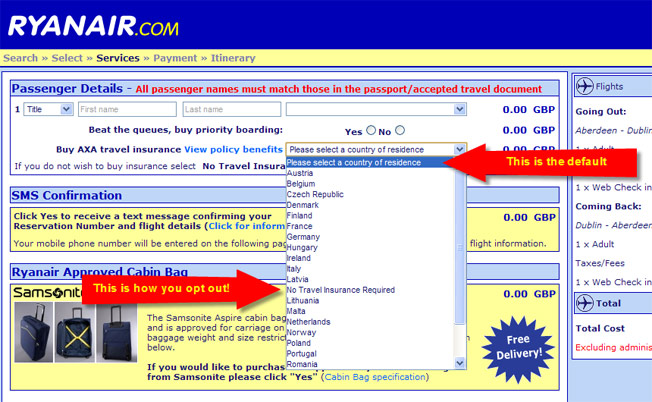 RyanAir Hides Travel Insurance Opt-Out Under "Country Of Residence" Drop-Down