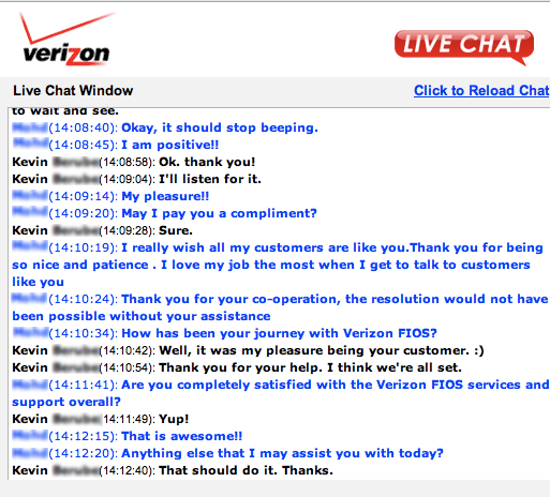 Kevin gets some rare, enthusiastic love from a Verizon chat rep.