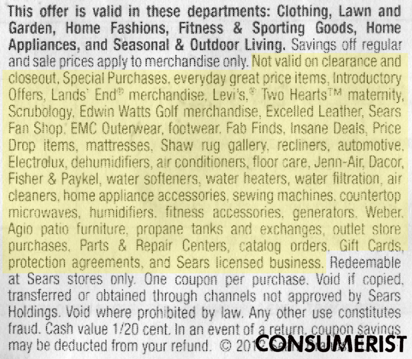 The numerous restrictions on this coupon are highlighted in yellow.