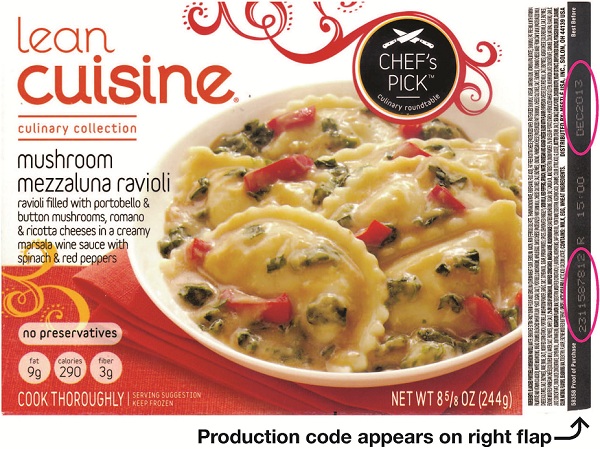The recalled ravioli, along with details on where to locate the production codes on the box.