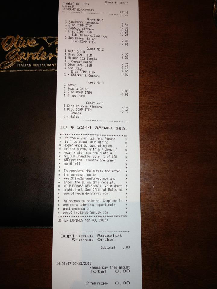 Customer Who Posted Olive Garden Receipt Says He Understands The Skeptics