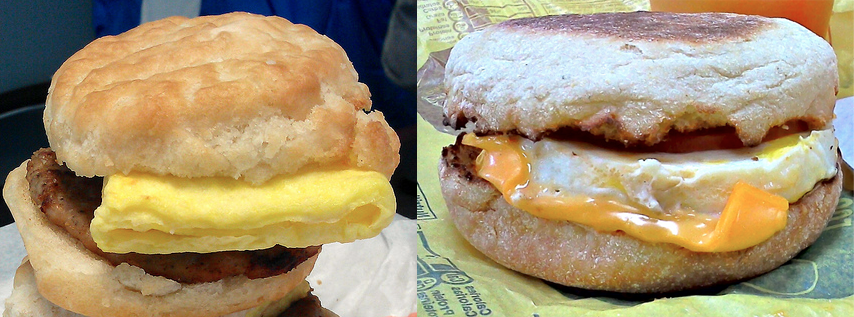 The folded egg-like thing on the biscuit sandwich (left) can be replaced by the fresh-cooked egg usually reserved for the McMuffin. (Photos: Morton Fox, Morton Fox)