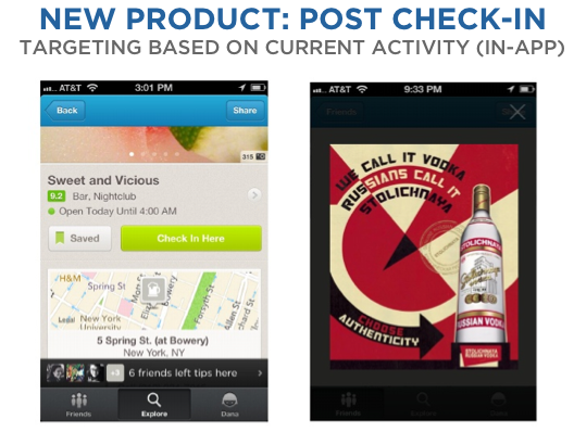 Check in at a bar on Foursquare, and maybe it will serve you up a vodka ad.