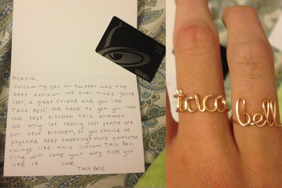 (The note and ring sent to model Acacia Brinley)