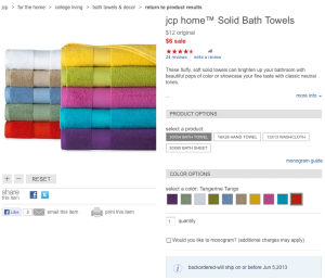 Every single color of JCP home solid bath towel and washcloth is now back-ordered. 
