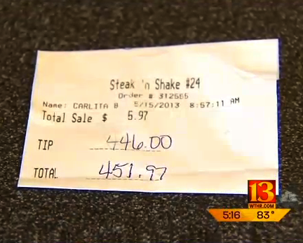 The receipt showing the  $446 tip.