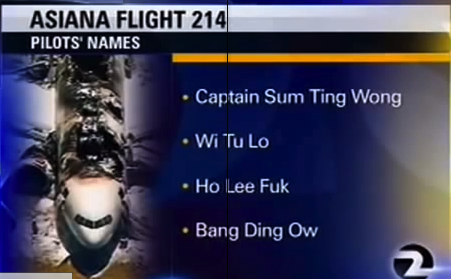 Asiana Airlines originally threatened to sue KTVU after it broadcast this list of blatantly fake and offensive pilot names.