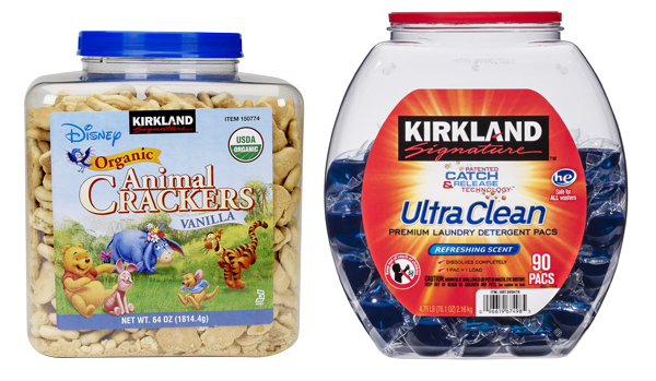 Costco's Kirkland Signature foods, like the animal crackers on the left, are packaged in screw-top containers, unlike the Kirkland detergent pods with a lid that merely pulls off.