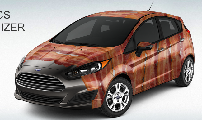 This is not a joke. Ford actually has several bacon-themed graphics packages for the new Fiesta.