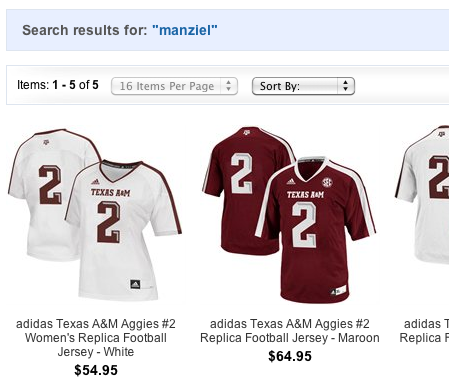 Searching for "Manziel" brings up his jersey, even though his name is nowhere on it or in the description.