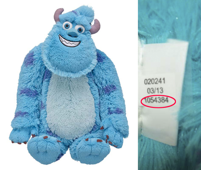 If the label number (circled in red above) on your Build-A-Bear Sullie ends in 4384, 4385, or 4387, then it has been recalled.
