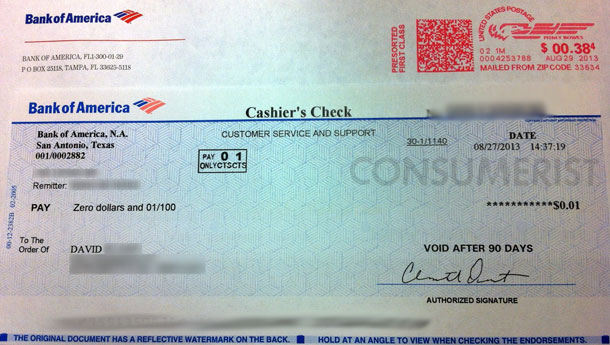Bank Of America Cuts Me A 1¢ Check I Don’t Want Or Need