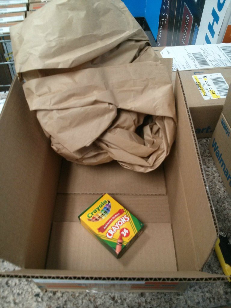 This is just one of the 50 boxes, each containing a single pack of crayons that awaited a Walmart.com customer. Scroll down to see all the boxes. (Reddit)