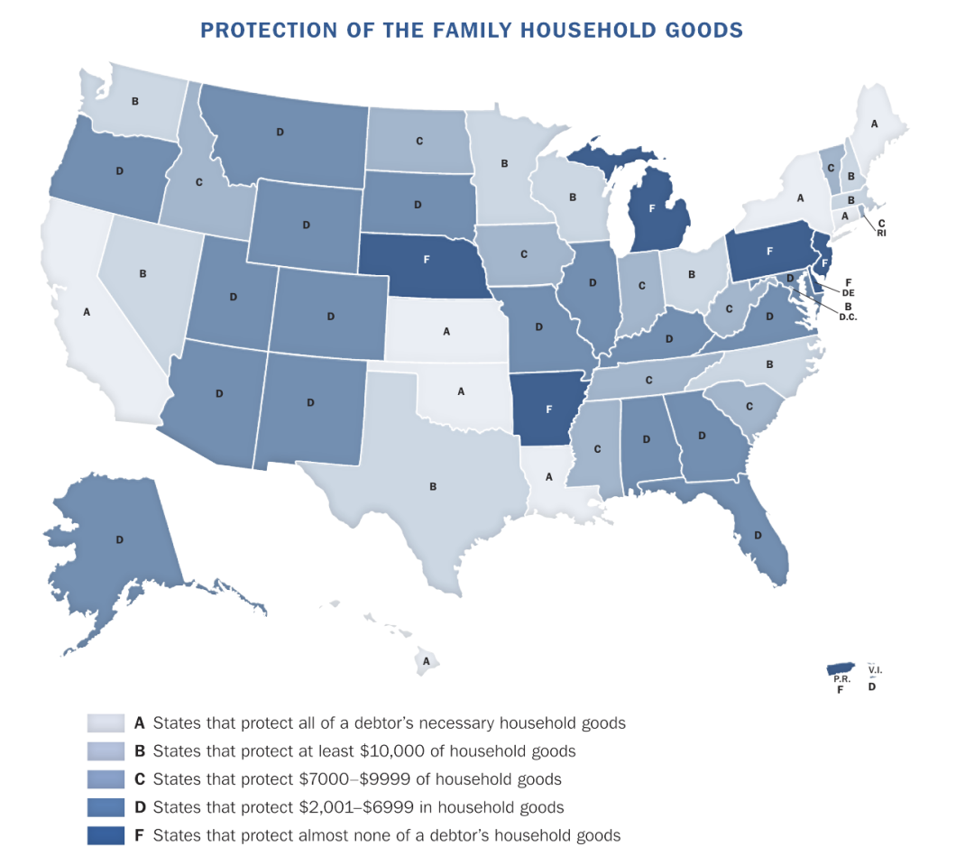 This map shows how each state's exemption laws protect debtors from having necessary household goods seized. Click image for full-size (source: NCLC)