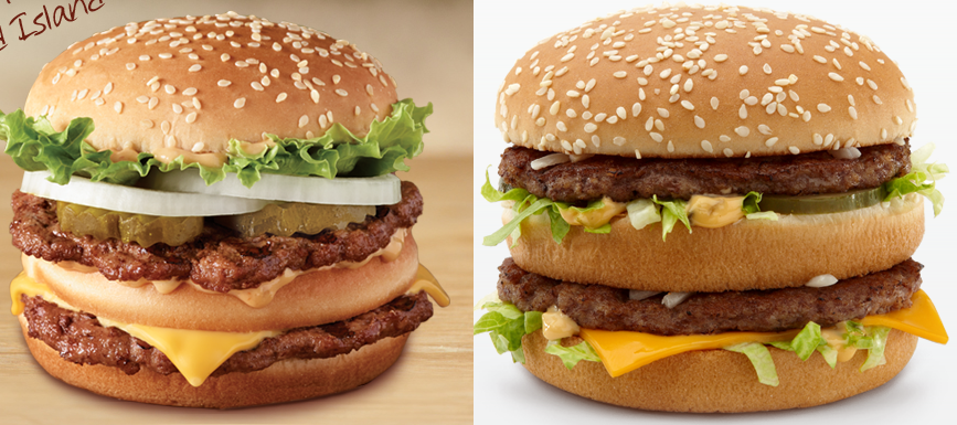 On the left is the Big King, which is basically identical in terms of ingredients and nutrition to McDonald's classic Big Mac on the right.