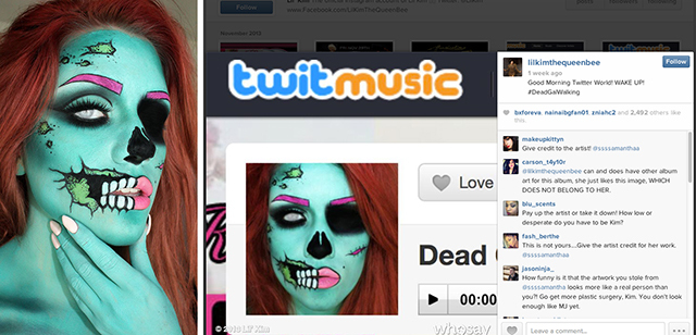 On the left, the artist's work. On the right, Lil Kim's post about her single.