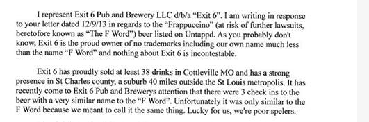 An excerpt from the brewpub's response to Starbucks' cease-and-desist request (via Facebook)