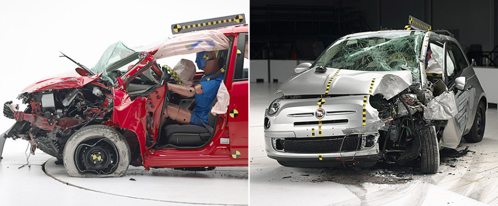 The Honda Fit (left) and the Fiat 500 (right) were the two worst performers in a crash-test group with no real standouts. (Photos: IIHS)