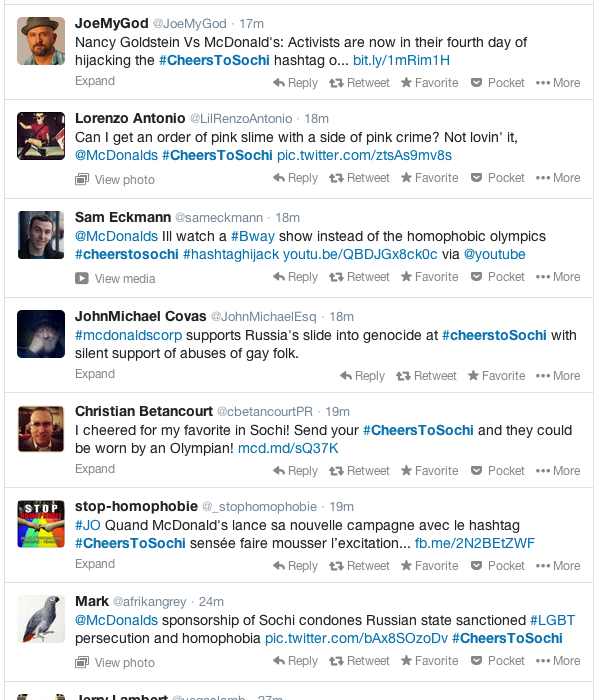 Just a small sampling of the anti-McDonald's Tweets using the #CheersToSochi hashtag.