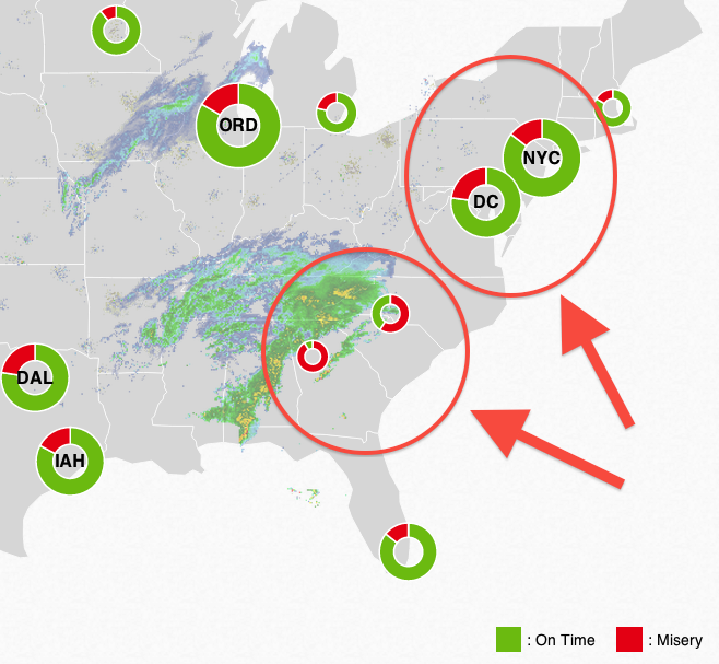 FlightAware's Misery Map shows how bad the weather has affected travel in the Southeast. With the storm headed toward the Northeast, expect the map to show a lot more red around D.C. and NYC.