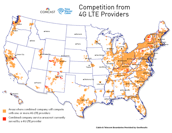 Where Comcast/TWC coverage overlaps with 4G LTE coverage, according to Comcast.