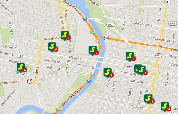 Today I learned there are 10 Subways within walking distance of the Consumerist Bat Cave (Philadelphia Branch).