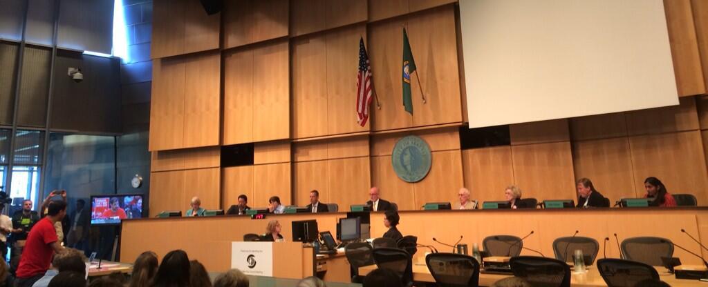 The Seattle City Council discusses the minimum wage hike on Monday (Photo: @evanbush)