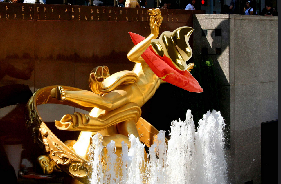 Our resident artist's rendition of what Comcast will do to the Prometheus Fountain at Rock Center (photo: Michael Colwell)