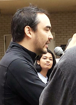 Tim Wu speaking at a net neutrality rally outside the FCC on May 15.