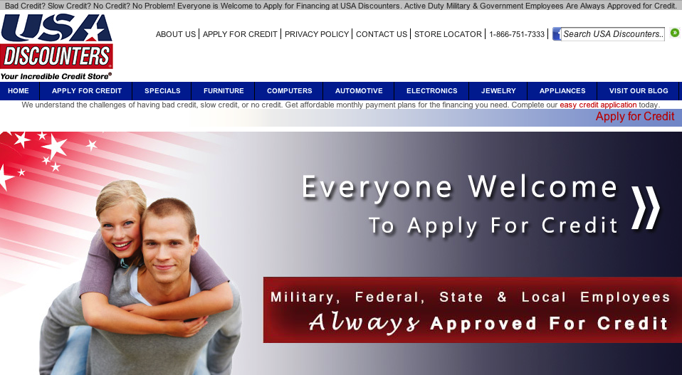 The USA Discounters website advertises its financing for military servicemembers and government employees.