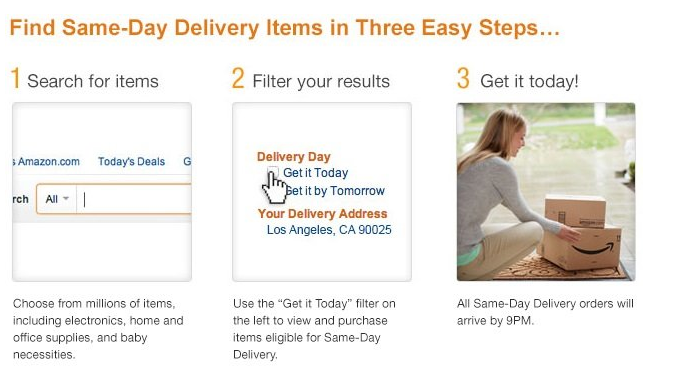 Amazon's explanation on how to find and order same-day delivery.