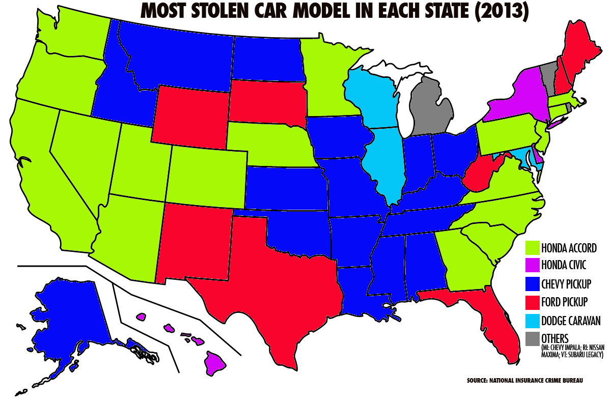 Map Of Most-Stolen Car Models In Each State Shows Car Thieves Need More Variety