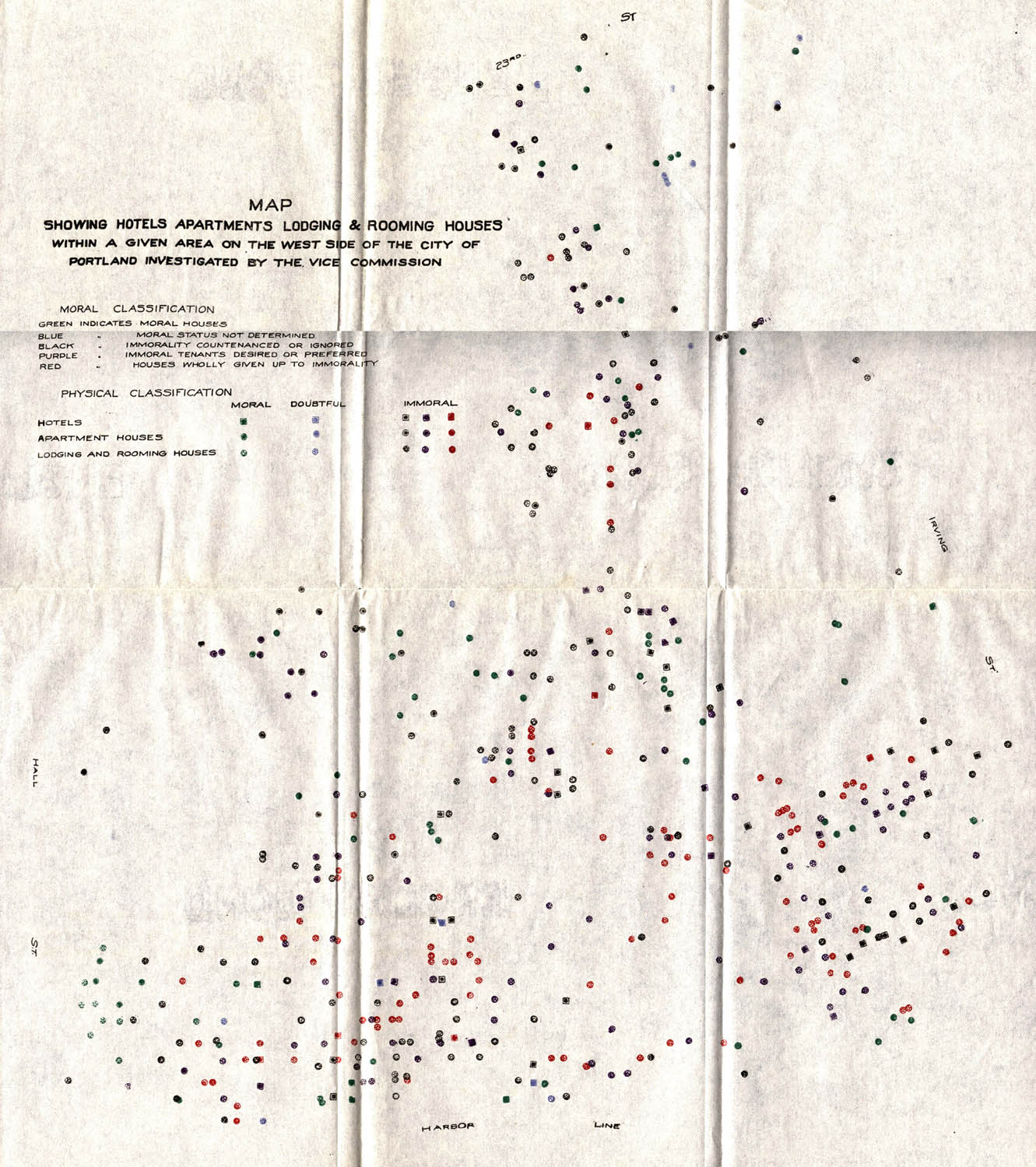 The 1913 report on vice in Portland resulted in this map assigning a different color to varying degrees of immorality at hotels, apartments, and boarding houses.  Click image to enlarge. (via BigThink.com)